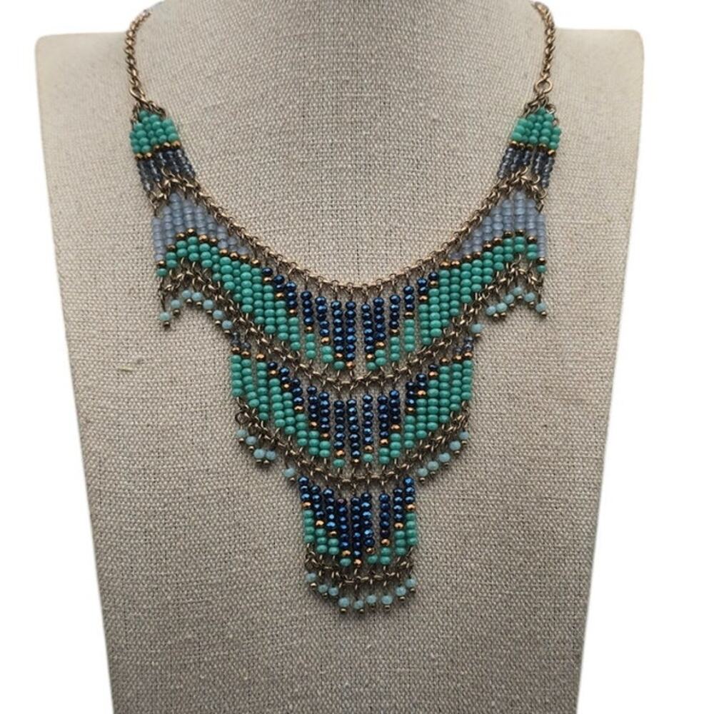 Turquoise Blue Beaded Fringe Necklace Gold Chain – Boho Southwestern Festival